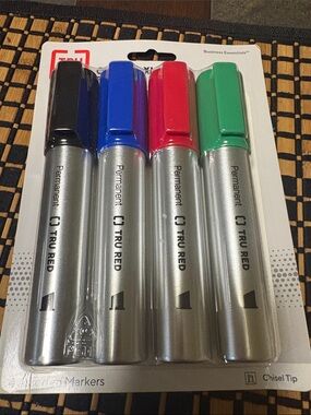 Permanent Chisel Tip Markers - Black, Blue, Red, Green (4-Pack)
